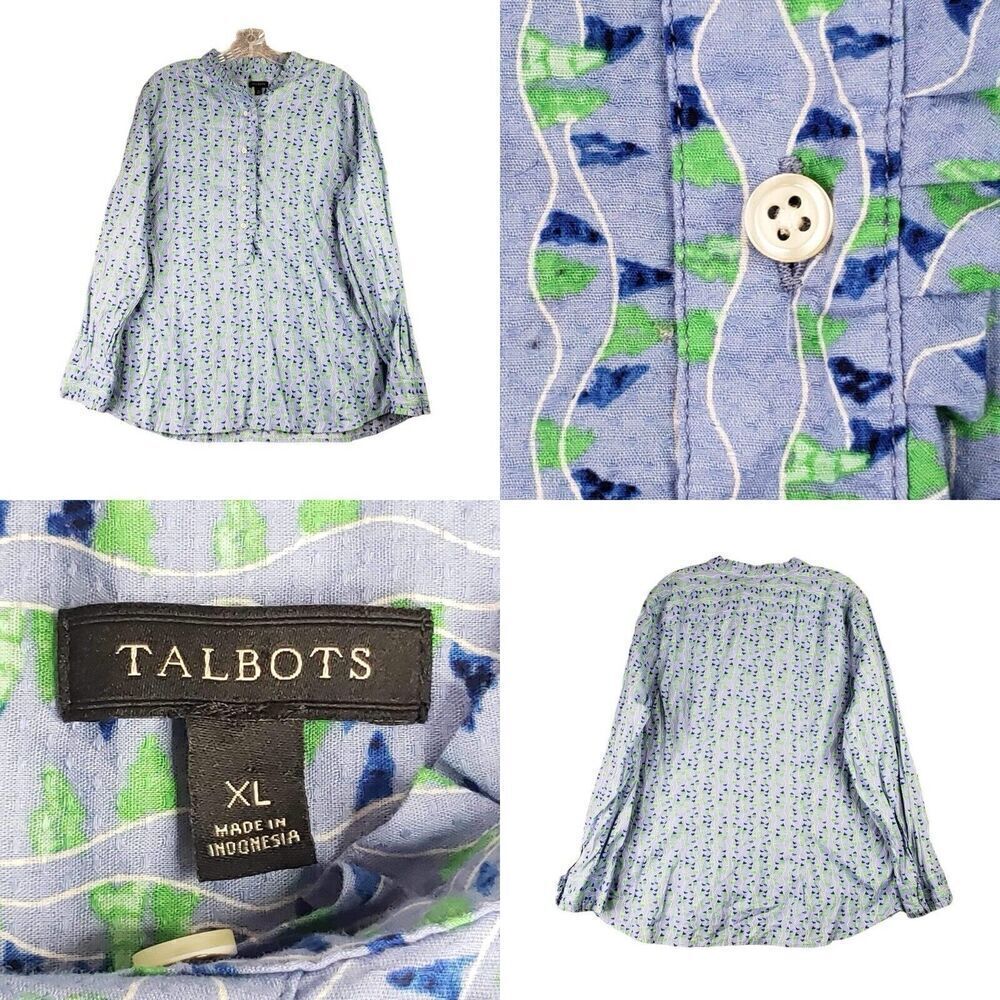 Talbots Shirt Pop Over LS Blue Cotton Ruffle Trim Cotton Size XL Cotton
